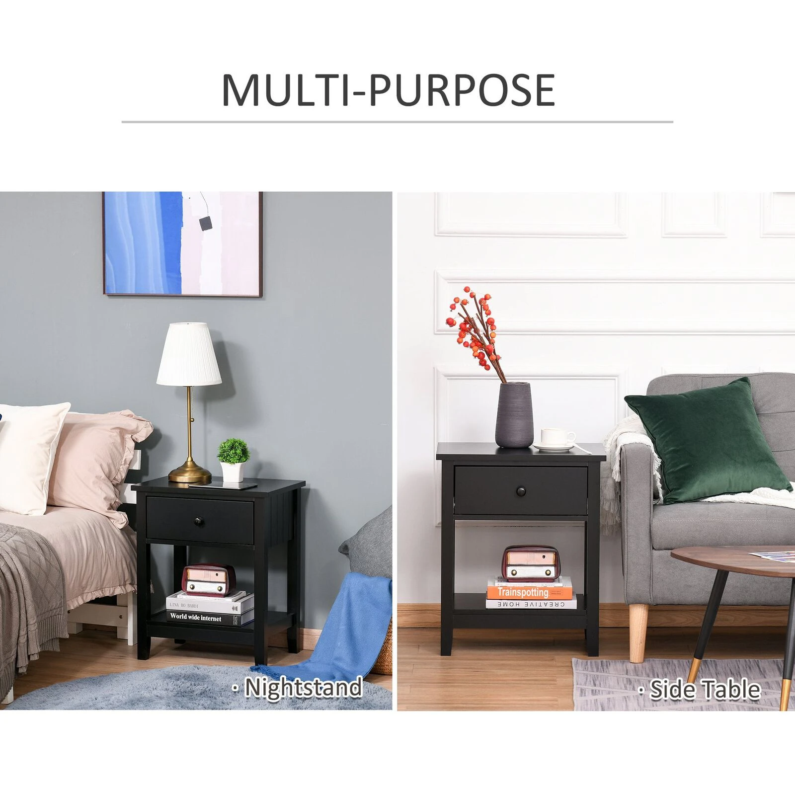 Modern Style Bedside End Table With Drawer And Storage Shelf For Bedroom, Or Living Room, Black 6 Modern Style Bedside End Table With Drawer And Storage Shelf For Bedroom, Or Living Room, Black - Image 4