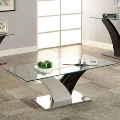 Contemporary Coffee Table With Curved V Base, Black And White-Benzara
