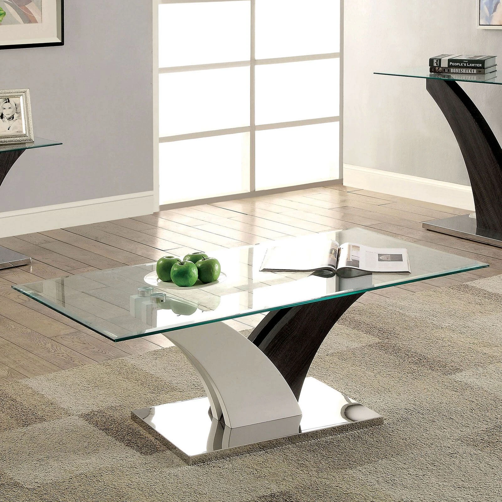 Contemporary Coffee Table With Curved V Base, Black And White-Benzara 3 Contemporary Coffee Table With Curved V Base, Black And White-Benzara