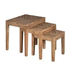 20, 17, 14 Inch 3 Piece Mango Wood Rectangular Nesting Table Set With Inlaid Herringbone Design, Natural Brown-Benzara