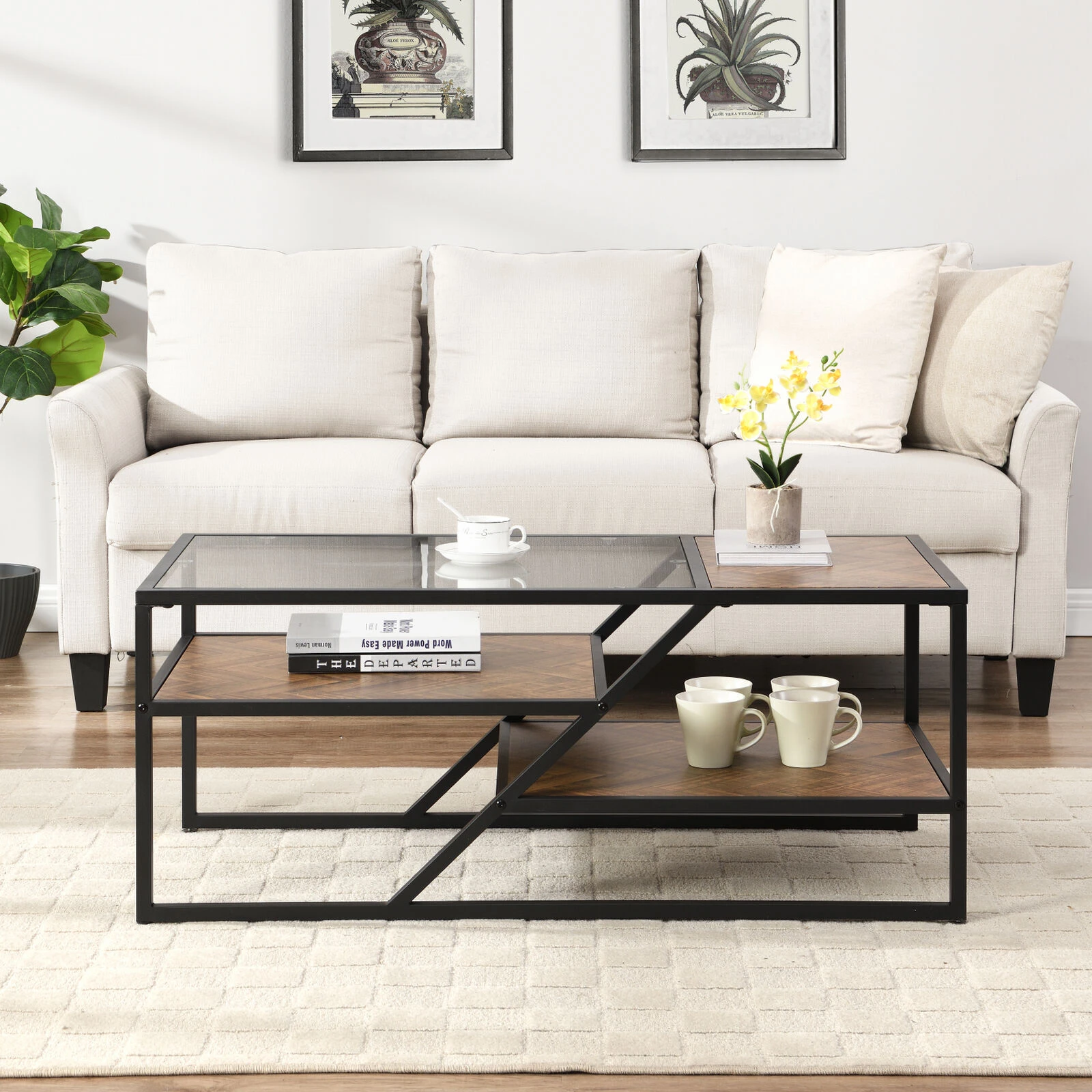 Black Coffee Table With Storage Shelf, Tempered Glass Coffee Table With Metal Frame 4 Black Coffee Table With Storage Shelf, Tempered Glass Coffee Table With Metal Frame - Image 2