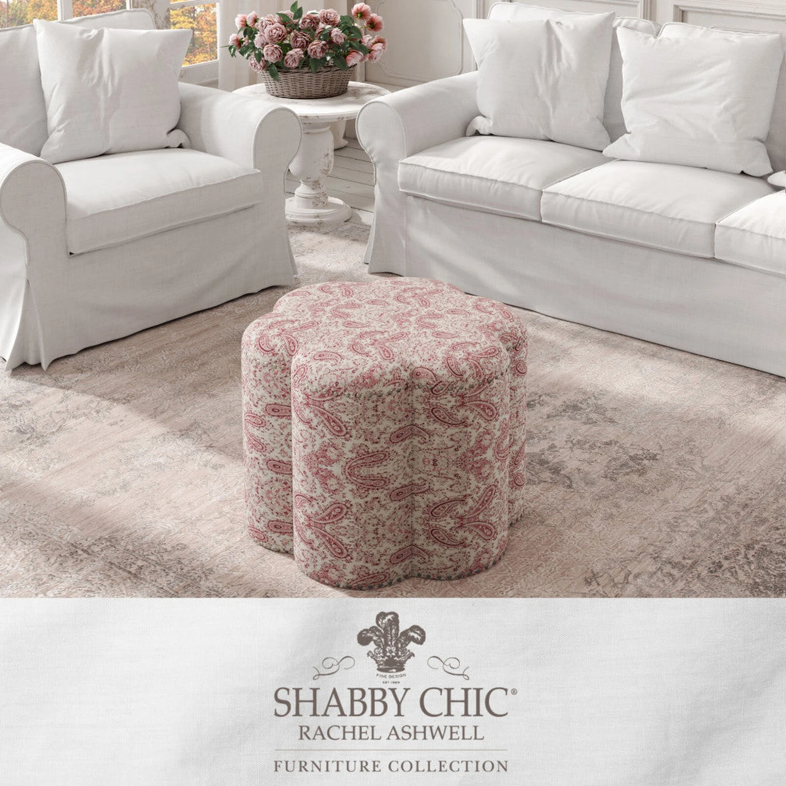 Homezia 25" Paisley Red 100% Linen Specialty Ottoman 4 Homezia 25" Paisley Red 100% Linen Specialty Ottoman - Image 2