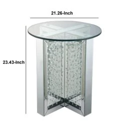Round Mirrored Metal End Table With Glass Top And Crystal Accent Base, Silver-Benzara -Olsberg shop f2b67753384842dda9942f62865e9853