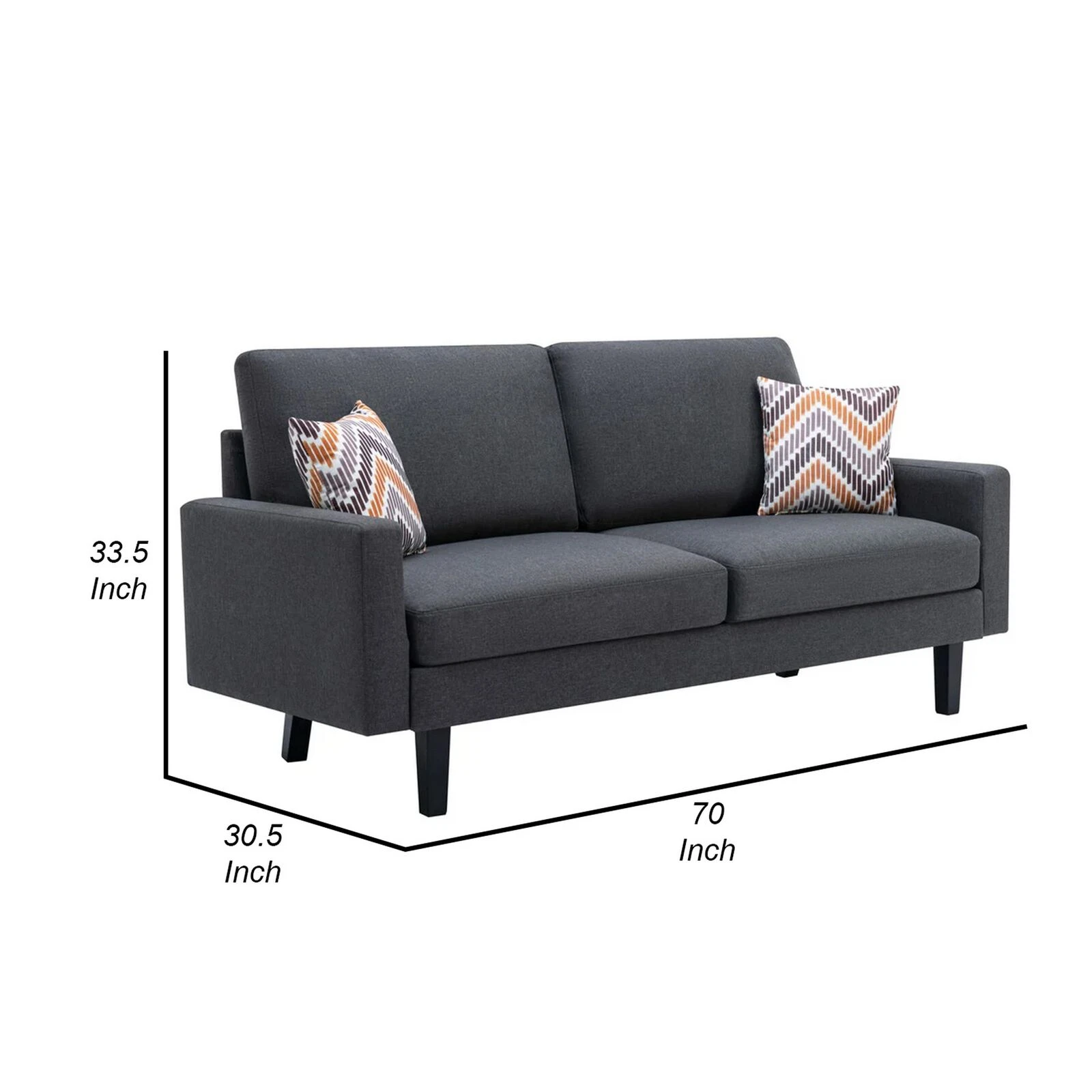 Gala Sofa, Smooth Dark Gray Linen Fabric, 2 Pillows, Black Solid Wood Frame-Benzara 7 Gala Sofa, Smooth Dark Gray Linen Fabric, 2 Pillows, Black Solid Wood Frame-Benzara - Image 5