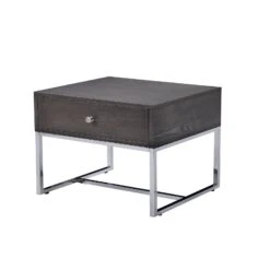 Wooden End Table With Tubular Metal Base And Spacious Drawer, Gray And Silver-Benzara