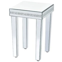 Fashionable Modern Glass Mirrored Side Table, Crystal Design, Adjustable Height Legs