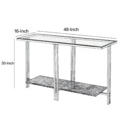 Glass Top Metal Sofa Table With Marble Bottom Shelf, Silver And Clear-Benzara -Olsberg shop f84ed6b920a045e68cf3a4edc15fb009