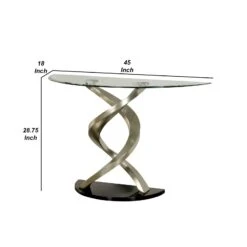 Sofa Table With Twisted Metal Base And Semi Circular Glass Top, Silver-Benzara -Olsberg shop f8da5a71b3cf4aed8529cf2d9d3fb76f