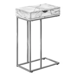 Monarch Specialties I 3772 Accent Table, C-shaped, End, Side, Snack, Storage Drawer, Living Room, Bedroom, Metal, Laminate, White Marble Look, Grey, Contemporary, Modern