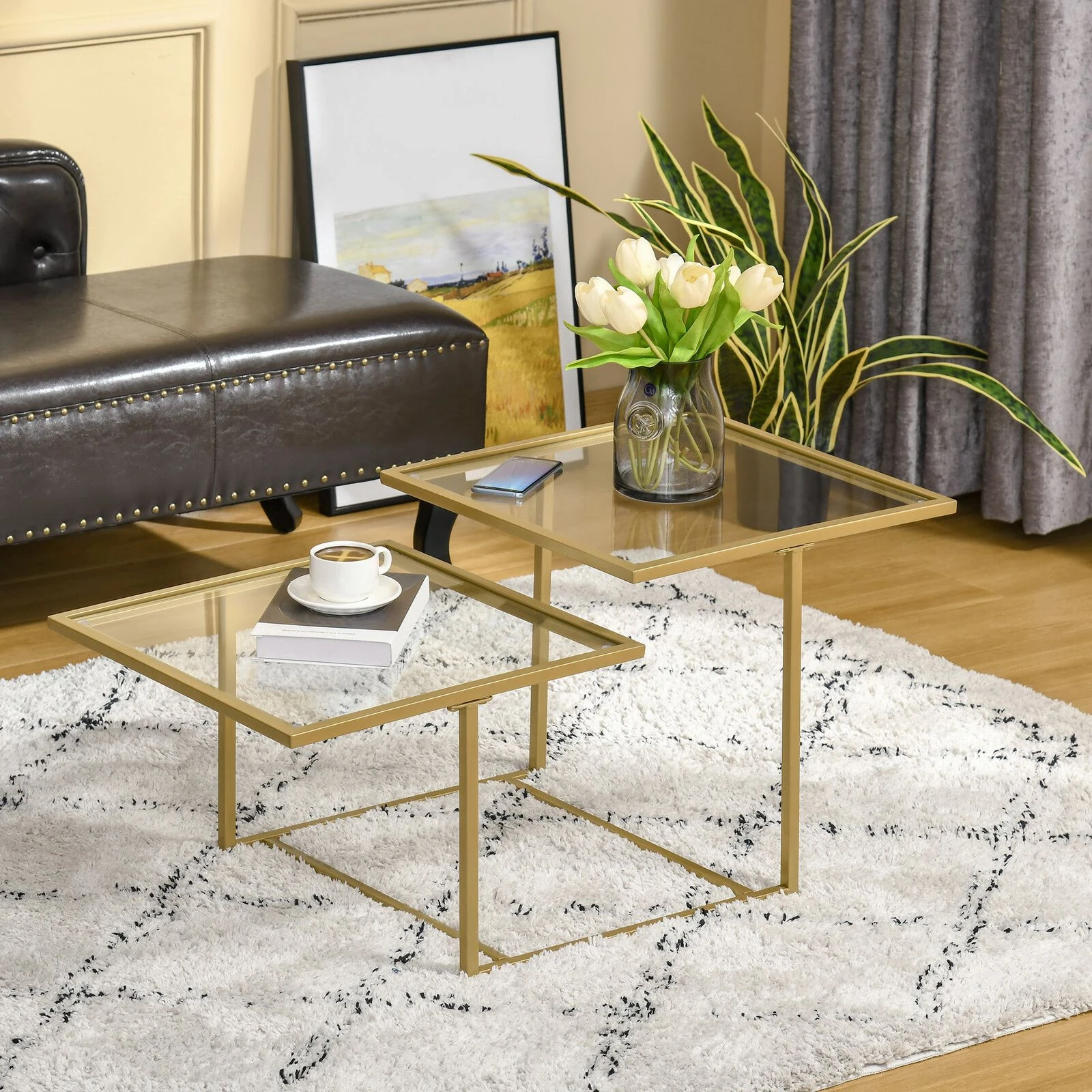 Gold Side Table Small Coffee Table Glass Coffee Table With Double Tabletops, Tempered Glass And Metal Framework For Living Room, Gold/Clear 4 Gold Side Table Small Coffee Table Glass Coffee Table With Double Tabletops, Tempered Glass And Metal Framework For Living Room, Gold/Clear - Image 2