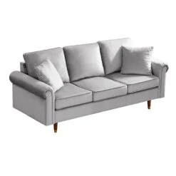 Velvet Sofa Couch With 2 Pillows, Modern 3 Seater With Wood Legs