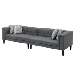 Ella 120 Inch 4 Seater Sofa, Deep Button Tufted, Gray Vegan Faux Leather-Benzara