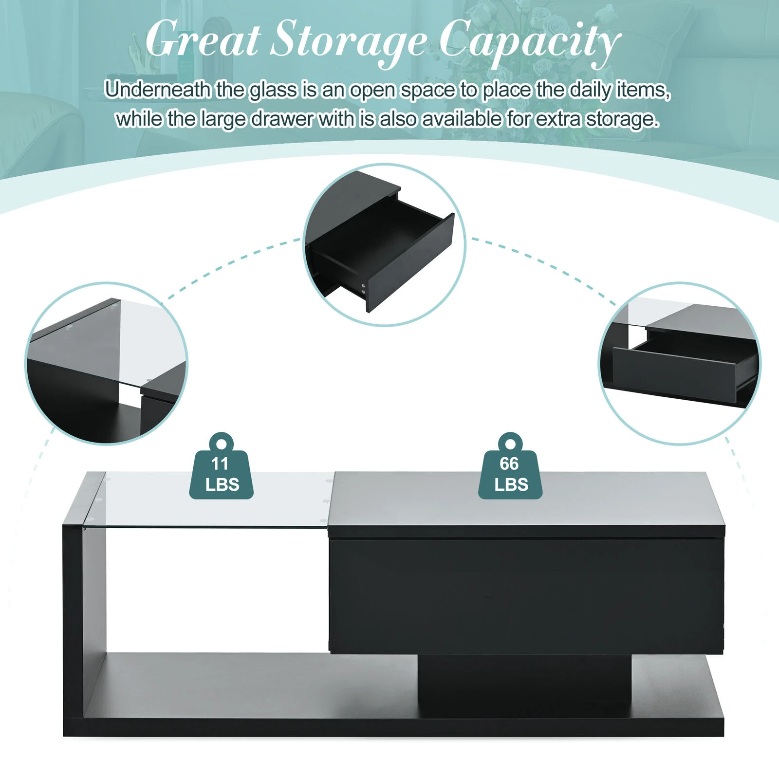 Modern Coffee Table With Tempered Glass, Wooden Cocktail Table, 2-Tier Rectangle Center Table For Living Room 5 Modern Coffee Table With Tempered Glass, Wooden Cocktail Table, 2-Tier Rectangle Center Table For Living Room - Image 3