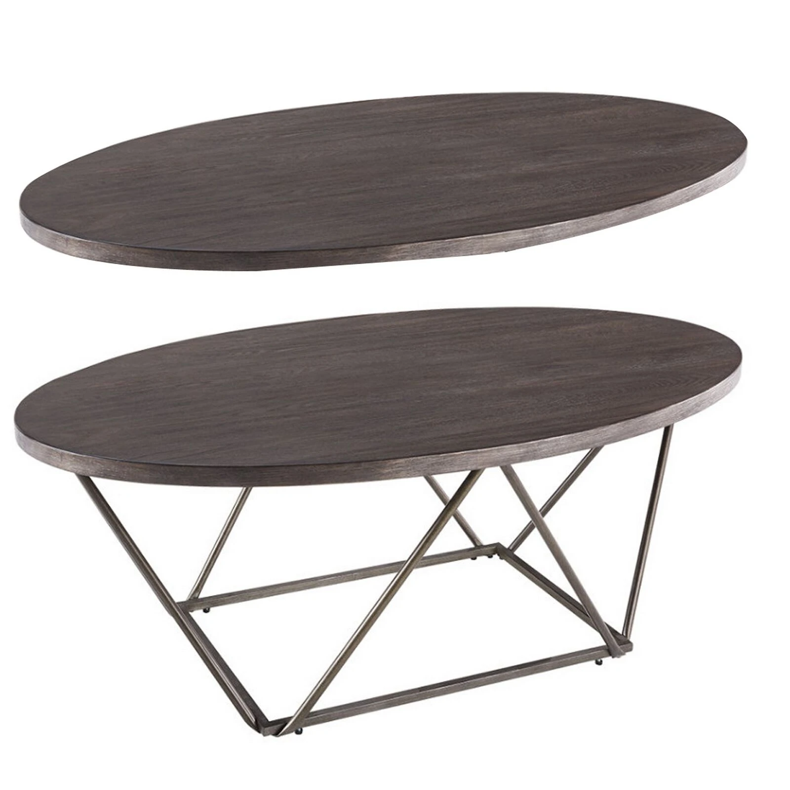 Elm Wood Table Set With Bridge Truss Metal Base, Set Of Three, Brown And Gray-Benzara 4 Elm Wood Table Set With Bridge Truss Metal Base, Set Of Three, Brown And Gray-Benzara - Image 2