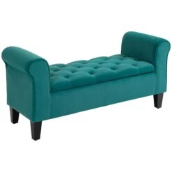Button-Tufted Storage Ottoman Bench, Upholstered Bed Bench With Rolled Armrests For Bedroom, Living Room Or Hallway, Green