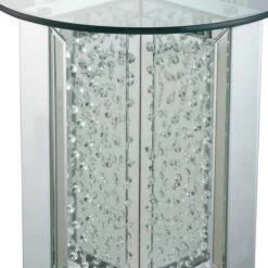 Round Mirrored Metal End Table With Glass Top And Crystal Accent Base, Silver-Benzara -Olsberg shop ffbe7ebdd726409cb0b100da8c632ab2